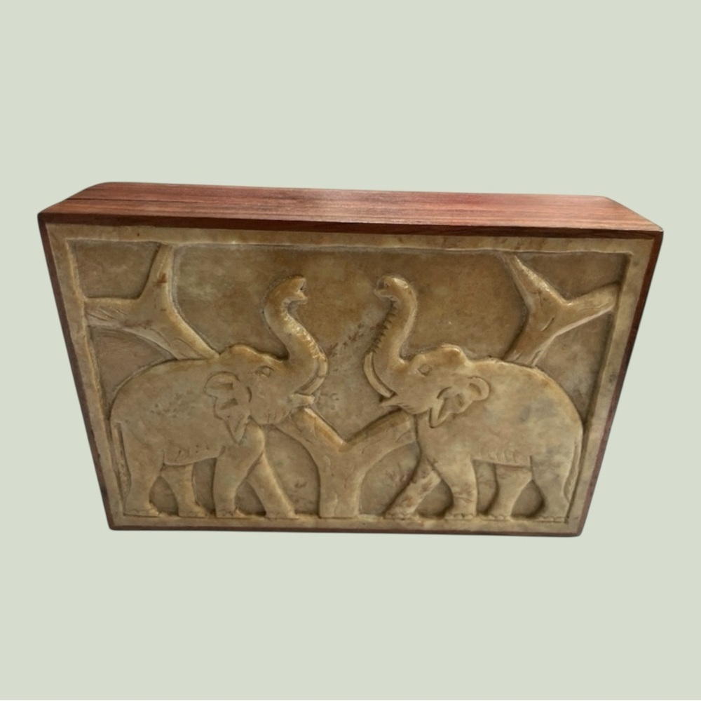 Vintage Elephant Jewelry Box Hand Carved Stone & Wood Trinket Box, boho decor - Picture 6 of 13